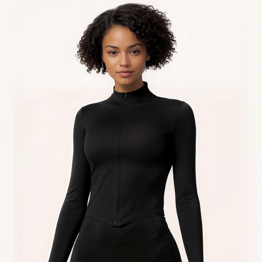 Chicletics Motion Zip Jacket in black with front zipper and sporty design, suitable for active wear and casual outings.
