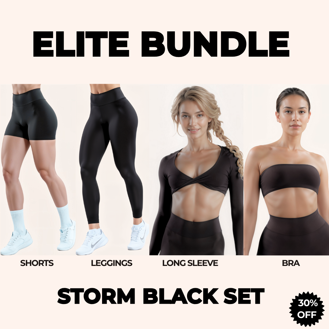 Chicletics Elite 4-piece set with sleek design, including various clothing items laid out on a white background.
