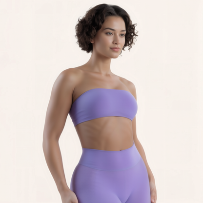 Chicletics Elite Bandeau Bra in black fabric, close-up of smooth, stretchy material and simple, seamless design