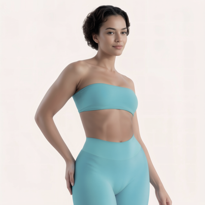 Chicletics Elite Bandeau Bra in black, seamless strapless design with smooth fabric, perfect for wearing under fitted tops.