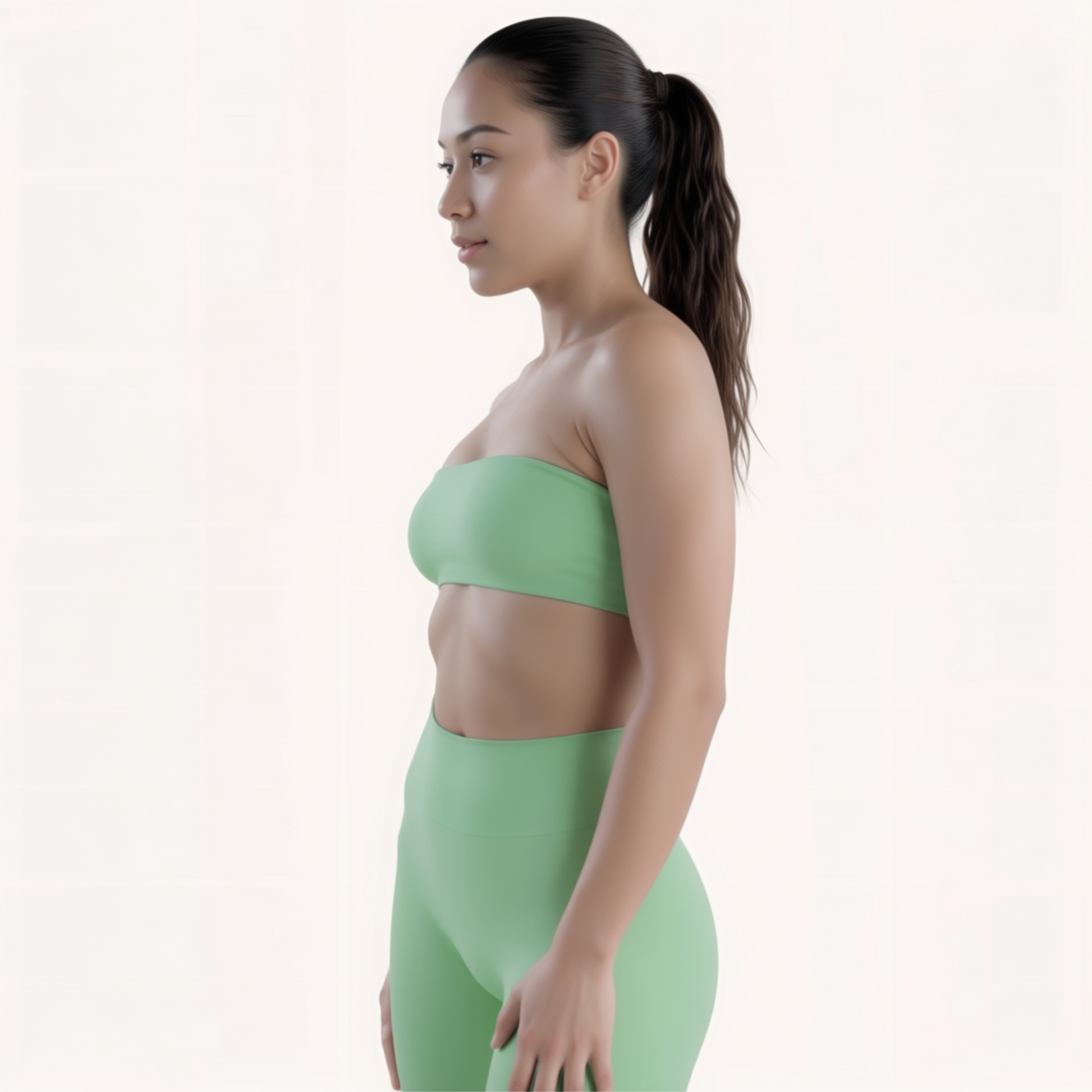 Chicletics Elite Bandeau Bra in black, seamless design with adjustable straps, shown on a mannequin.