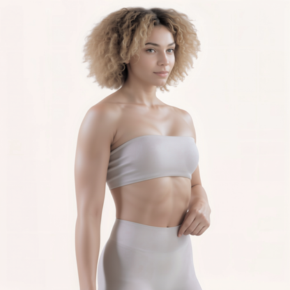 Chicletics Elite Bandeau Bra in black, seamless fit, stretchy fabric with removable padding, designed for comfort and support.