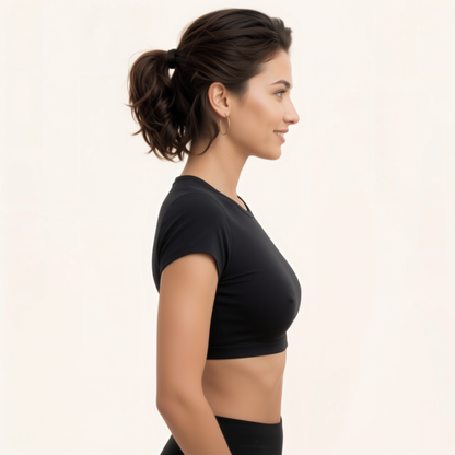 Chicletics CORE backless tee displayed on a mannequin, featuring a relaxed fit and stylish backless design.