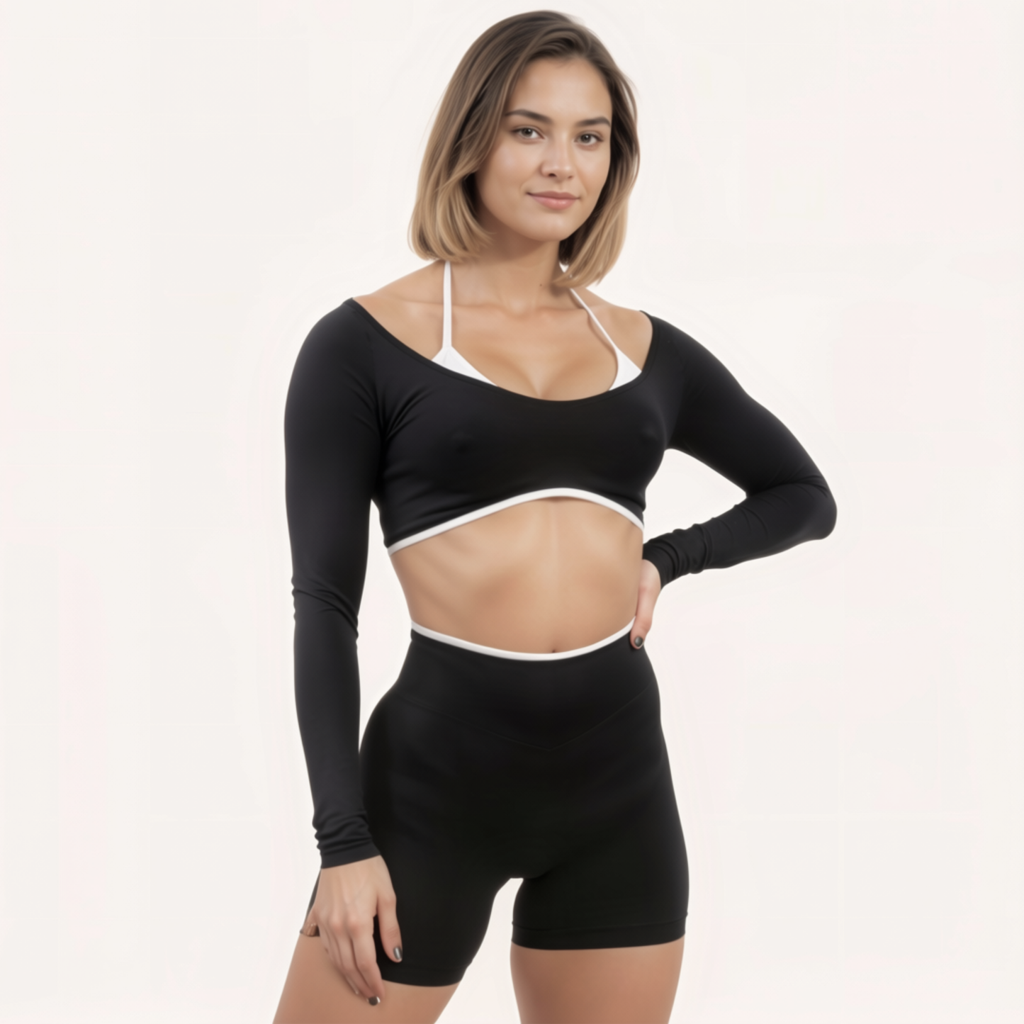 Chicletics Edge long sleeve shirt in black with fitted design and crew neckline, shown on a mannequin.