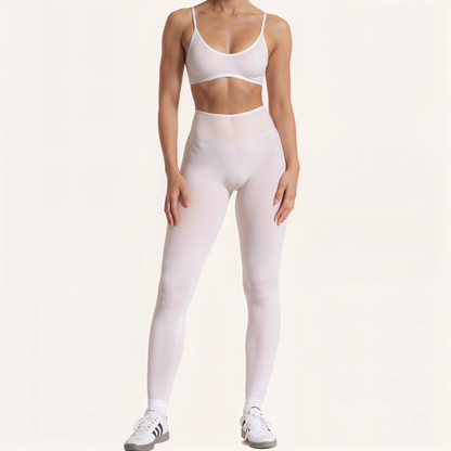 Chicletics EDGE leggings displayed on a model, showcasing their sleek fit and stylish design for activewear and fitness.