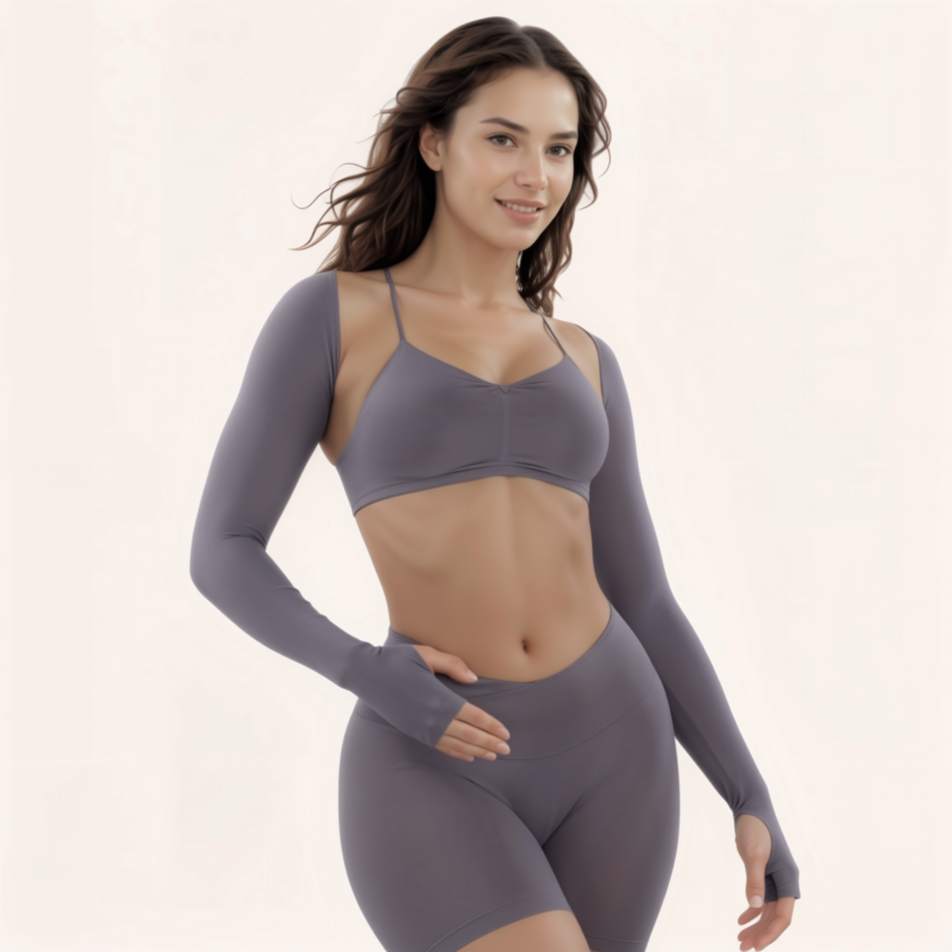 Chicletics Eclipse long sleeve shrug displayed on a mannequin, featuring a lightweight, fitted design in neutral color.