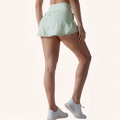 Chicletics Vital Active Skort shown with breathable fabric, sporty design, and built-in shorts for active women.