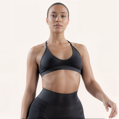 Chicletics Elite Crossback Bra showing black athletic sports bra with crossback straps and supportive design for active wear.